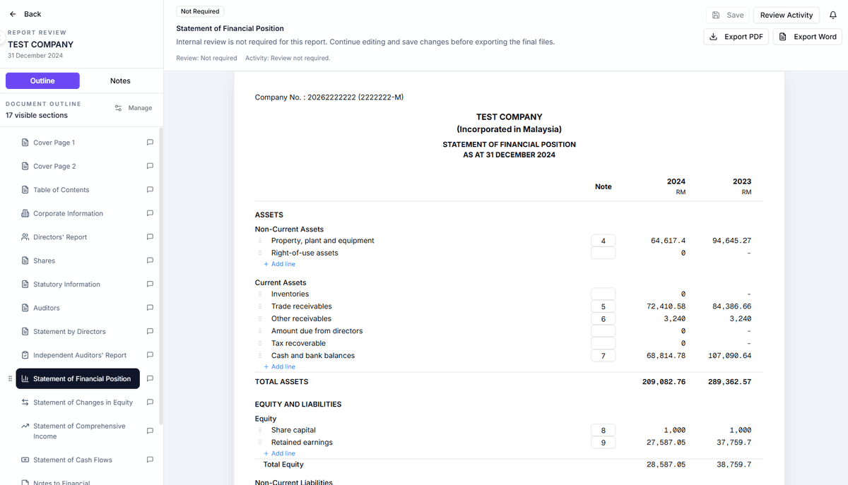 Report preview with PDF and DOCX download options