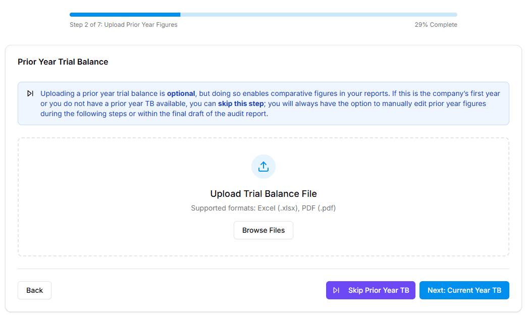 File upload screen showing drag-and-drop area for trial balance files